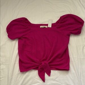 LOFT Square Neck, Pink Puff Sleeve Tie Front Crop Blouse